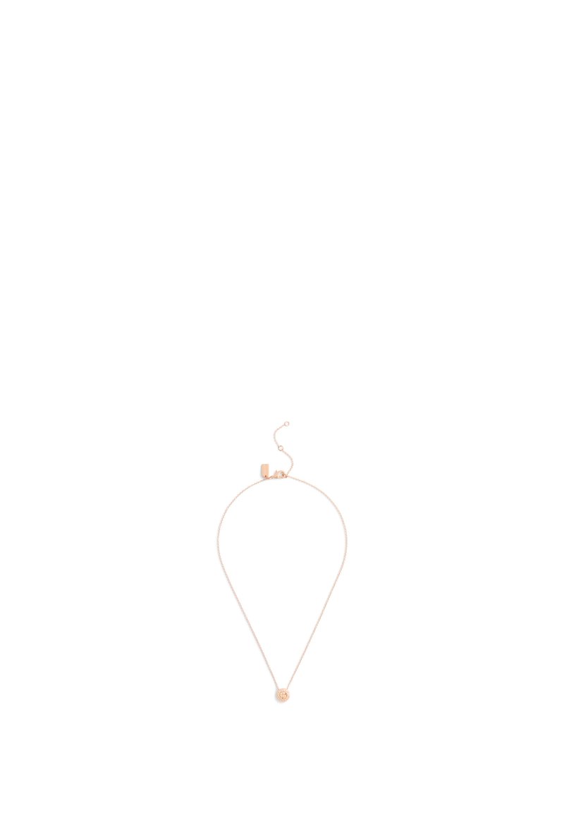 Collier avec une fine chaîne en or rose, présentant un pendentif circulaire au centre et un petit fermoir rectangulaire à l'arrière.