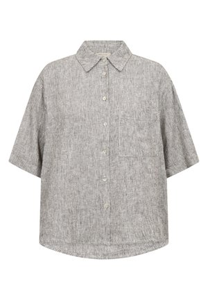 Grijs kortärmelig overhemd met dunne verticale strepen en een borstzak aan de voorkant, voorzien van een klassieke kraag.