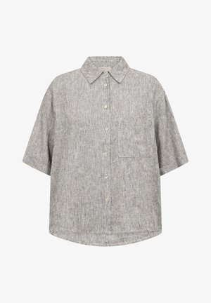 Grijs kortärmelig overhemd met dunne verticale strepen en een borstzak aan de voorkant, voorzien van een klassieke kraag.