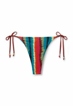 Dno bikini z wielokolorowym wzorem zygzakowym w kolorach czerwonym, turkusowym, zielonym i czarnym. Posiada brązowe sznurki i dekoracyjne akcenty w postaci koralików.