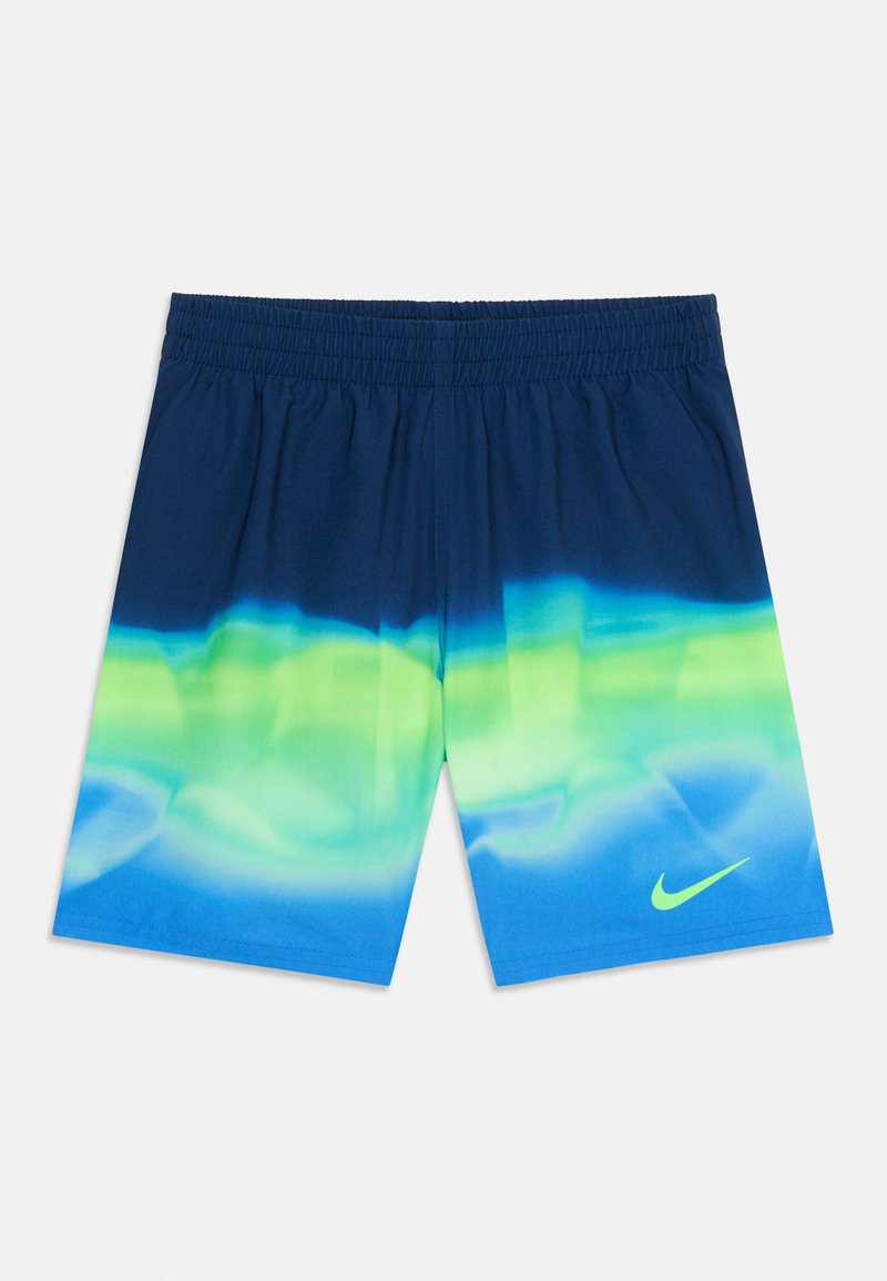 Shorts de sport bleu marine avec taille élastique et design en dégradé vert, jaune et bleu, arborant un swoosh Nike vert citron sur la jambe.