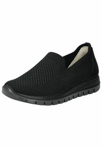 Scarpa slip-on nera con tomaia in rete traspirante, superficie testurizzata, collo elasticizzato e suola in gomma leggera con motivo antiscivolo.