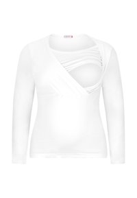 White long-sleeve top featuring a wrap design with horizontal cutouts on the chest and a smooth texture.