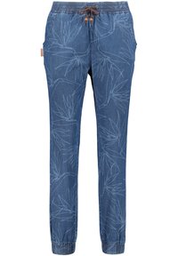 Jeans-Jogginghosen mit einem elastischen Bund, verstellbarem braunem Kordelzug und einem hellblauen Blättermuster auf einem dunkelblauen Hintergrund.