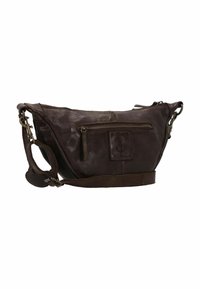 Borsa a tracolla in pelle marrone scuro con tasca frontale con zip, tracolla regolabile e logo ancora impresso. Tessuto liscio con dettagli di cucitura.