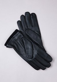 Black leather gloves with a ribbed black cuff. The design features five finger compartments and a smooth texture. No visible embellishments.