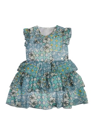 Ærmeløs kjole med lag og flæser, med et blå, grønt og gult patchwork mønster med blomster- og geometriske designs.
