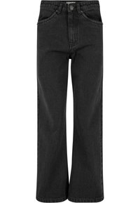 Pantalones vaqueros anchos negros fabricados en denim. Presentan un diseño clásico de cinco bolsillos, cierre de botón y una sutil textura deslavada.