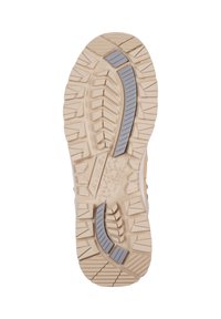 Suola in gomma caratterizzata da un motivo di battistrada robusto in beige e grigio, con scanalature e una texture a forma di stella per una presa migliorata.