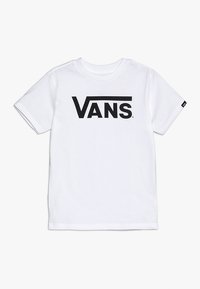 Camiseta blanca de manga corta hecha de algodón, con un gran logo negro de "VANS" impreso en el frente. Dobladillo recto, escote redondo.