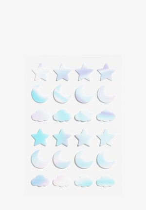 Four rows of glossy stickers shaped as stars, moons, and clouds, arranged in repeating horizontal patterns on a white background.