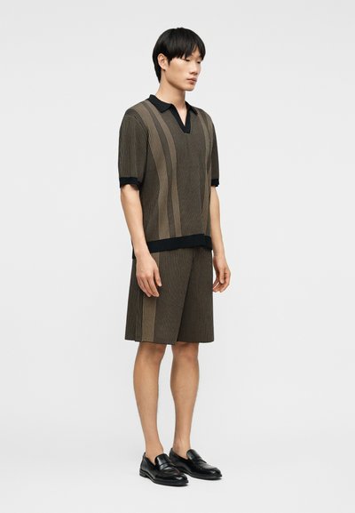 Homme debout portant une chemise à manches courtes à rayures verticales marron et noir, ainsi que des shorts assortis à longueur genou, avec des mocassins noirs.