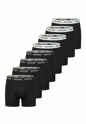 Schwarze Boxershorts in einer Reihe angeordnet, mit einem grauen elastischen Bund, auf dem "ONLY & SONS" gedruckt ist. Glatter Stoff, eng anliegende Passform.
