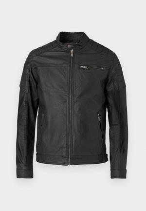 Black faux leather jacket with front zipper, zippered chest pocket, stand collar with snap button, and padded shoulder details.