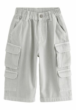 Hellgraue Cargo-Shorts aus einer Baumwollmischung. Sie verfügen über einen elastischen Bund, mehrere Seitentaschen und eine lockere Passform.