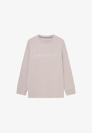 Beige long-sleeve sweatshirt with round neck, featuring "HACKETT LONDON" printed in white on the chest.