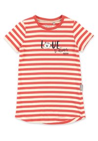 Red and cream striped short-sleeve t-shirt with a rounded neckline; features a graphic text and face design on the front. Soft cotton material.