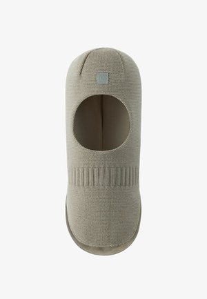 Beige knitted slipper with an open toe design, featuring a ribbed band and smooth texture, made of flexible fabric for comfort.