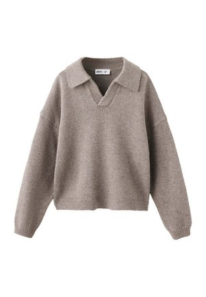 Pull en maille marron clair avec col et encolure en V, manches longues, poignets et ourlet côtelés.