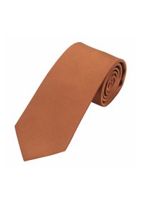 Brown tie with a textured finish, featuring a standard width and a pointed end, rolled neatly for display.