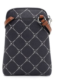 Borsa a tracolla con un esterno nero testurizzato, caratterizzata da un motivo a diamante con punti bianchi e accenti circolari. Tracolla marrone e chiusura con zip.