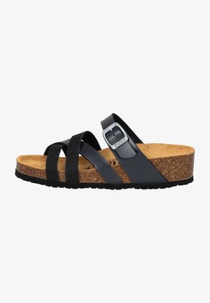 Black and grey sandals with multiple straps, adjustable buckle, and cork footbed. Features a textured surface and rubber outsole.