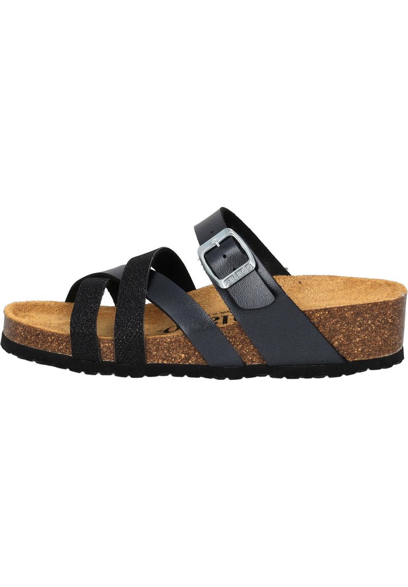Black and grey sandals with multiple straps, adjustable buckle, and cork footbed. Features a textured surface and rubber outsole.