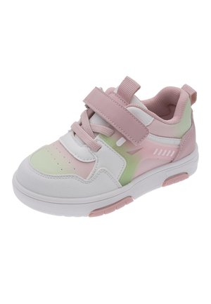 Baskets pour enfants en rose pastel, blanc et vert clair, dotées d'une bride à velcro, de lacets et d'une semelle rembourrée pour un usage décontracté.