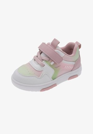 Baskets pour enfants en rose pastel, blanc et vert clair, dotées d'une bride à velcro, de lacets et d'une semelle rembourrée pour un usage décontracté.