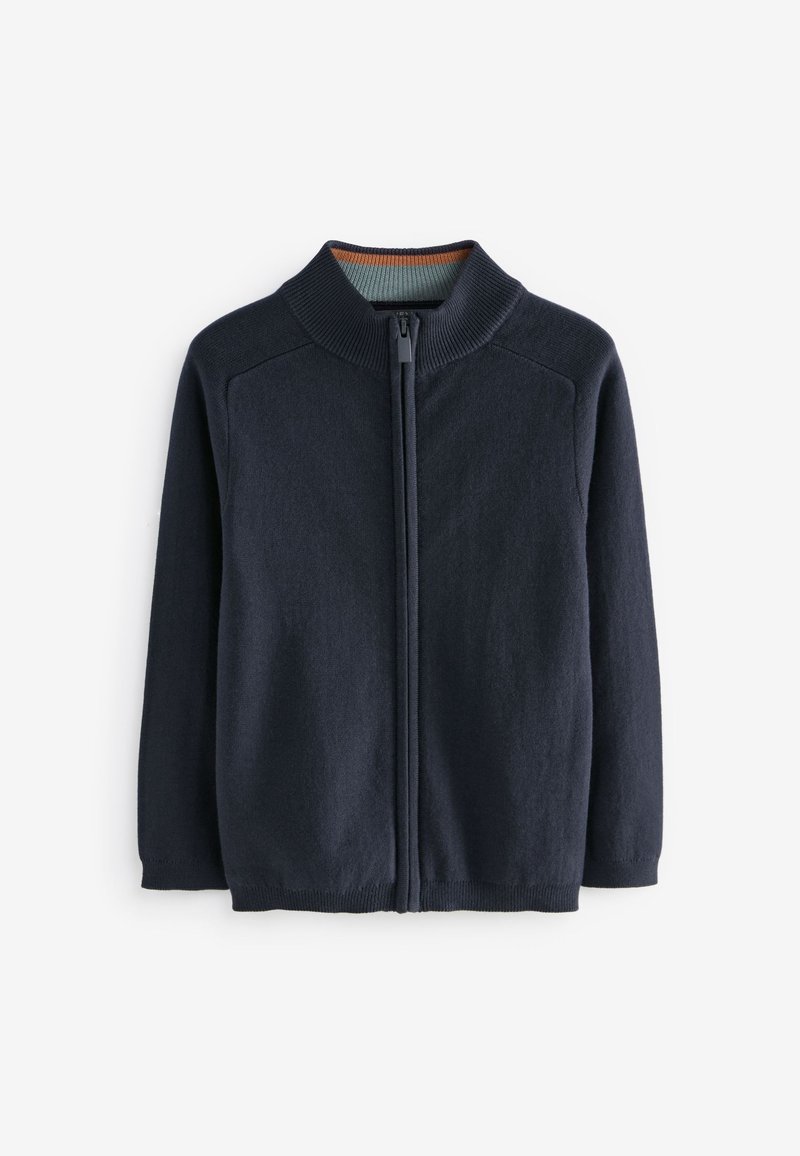 Pull zippé bleu marine foncé avec col, poignets et ourlet côtelés, présenté sur fond blanc.