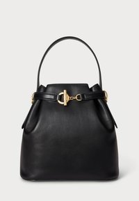 Juodas odinis rankinės krepšys su vienu viršutiniu rankenėle ir auksinės spalvos užsegimu priekinėje centrinėje dalyje.