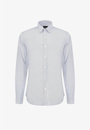Biała koszula z długim rękawem zapinana na guziki z geometrycznym, ciemnoniebieskim wzorem. Posiada klasyczny kołnierzyk i prosty krój.