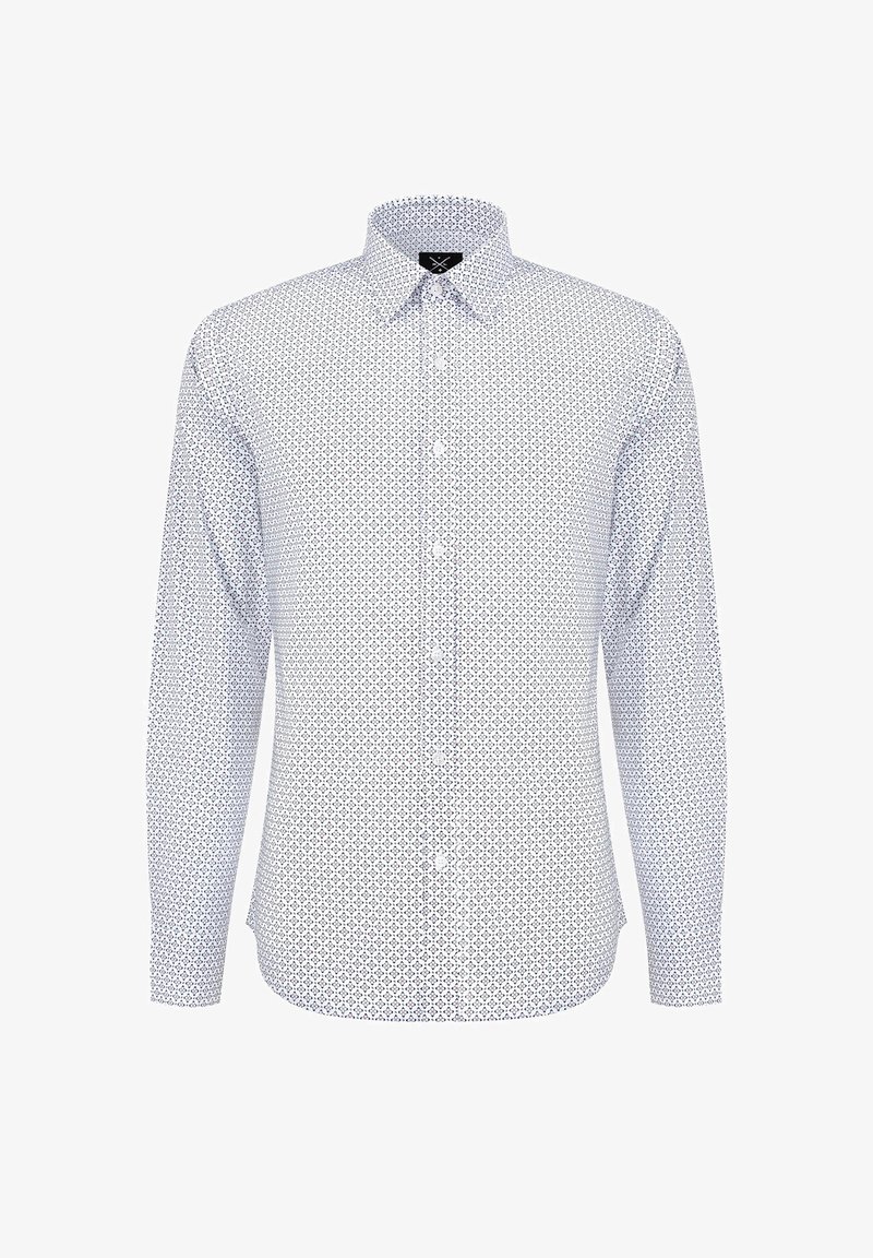 Biała koszula z długim rękawem zapinana na guziki z geometrycznym, ciemnoniebieskim wzorem. Posiada klasyczny kołnierzyk i prosty krój.