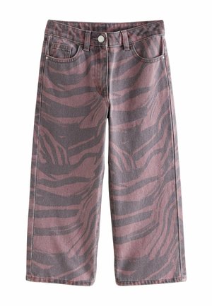 Jeans de pierna ancha con estampado de cebra rosa y gris, cierre de botón, cuatro bolsillos y una tela de mezclilla texturizada. Piernas rectas.