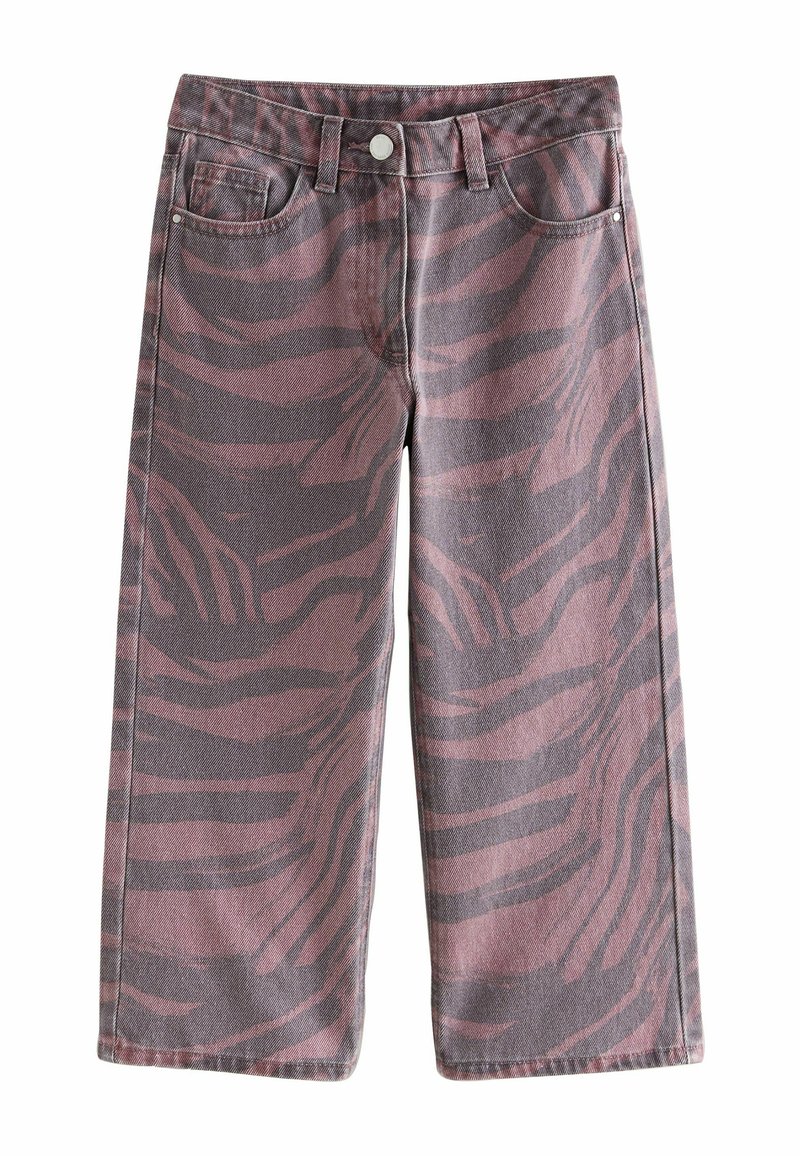 Weite Jeans im rosa und grauen Zebra-Print mit Knopfverschluss, vier Taschen und einem strukturierten Denim-Stoff. Gerade geschnittene Beine.