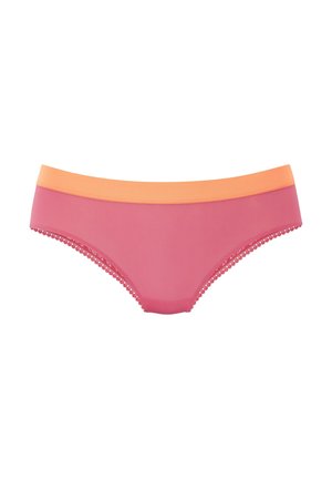 Roze gaćice s narančastim pojasom, s glatkom tkaninom i nježnom čipkastom oblogom duž otvora nogu.