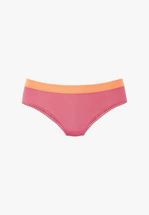 Pantaloni intimi rosa con una fascia arancione in vita, caratterizzati da un tessuto liscio e da un delicato pizzo lungo le aperture delle gambe.