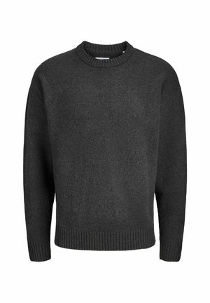 Dark gray knitted sweater with a round neck, ribbed hem and cuffs, featuring a slightly loose fit and smooth texture.
