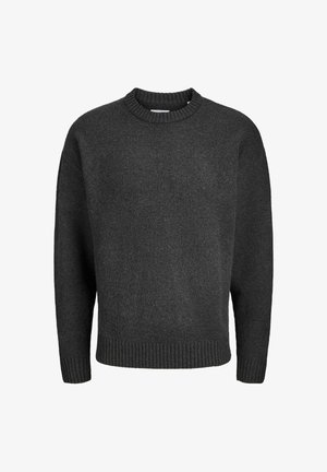 Ciemnoszara dziergana sweter z okrągłym dekoltem, ściągaczem u dołu i przy mankietach, o lekko luźnym kroju i gładkiej strukturze.