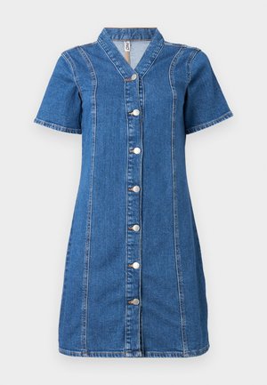 Rochie din denim cu nasturi, cu mâneci scurte, având guler, detalii cu cusături verticale și cinci nasturi argintii pe partea din față.