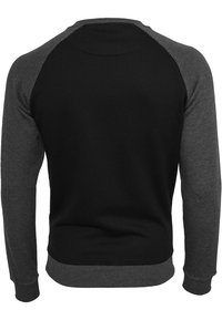 Sweat-shirt raglan manches longues pour homme avec corps noir et manches, poignets et ceinture gris foncé, vu de dos.