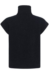 Czarny wełniany bezrękawnik z golfem, szerokie ramiona i prążkowany kołnierz, widok od tyłu.