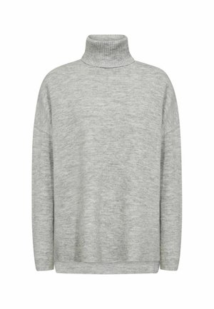 Svetrok z lahkotno sivo turtleneck iz mehkega pletenega materiala. Ohlapna krojnja z dolgimi rokavi, rebrastim ovratnikom in robom. Ima gladko teksturo.