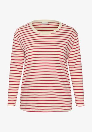 Long-sleeve t-shirt in cream with red horizontal stripes, featuring a round neckline and soft fabric. Simple and casual design.
