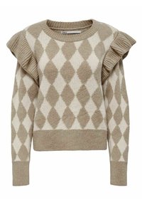 Pull beige en maille avec un motif losange en nuances plus claires et plus foncées, manches à volants et col ainsi que bordure côtelés.