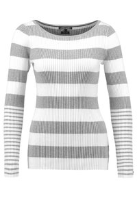 Maglione a maniche lunghe in tessuto a coste, con strisce alternate grigie e bianche, colletto a girocollo e silhouette aderente.