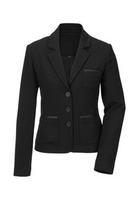 Schwarze Blazer mit strukturiertem Stoff, Reverskragen, einer Brusttasche, dreiknöpfigem Verschluss und zwei Fronttaschen.