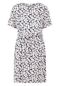 Navy blue short-sleeve dress with white floral print and waist tie belt, knee-length, round neckline.