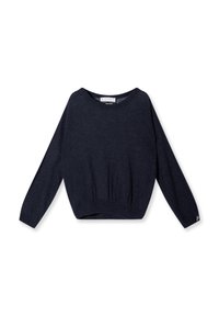 Maglione corto blu navy con maniche lunghe, scollo rotondo e fondo a costine. Realizzato in materiale morbido con una finitura leggermente texturizzata.