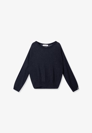 Navyblauwe cropped trui met lange mouwen, ronde hals en geribbelde zoom. Gemaakt van zacht materiaal met een licht gestructureerd afwerking.